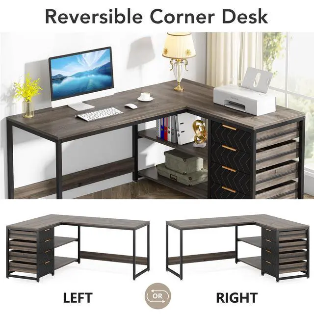 Alt view image 6 of 6 - L Shaped Computer Desk with Storage Drawers, 59 inch Corner Desk with Shelves, Reversible L-Shaped Office Desk Writing Table Workstation for Home Office, Grey