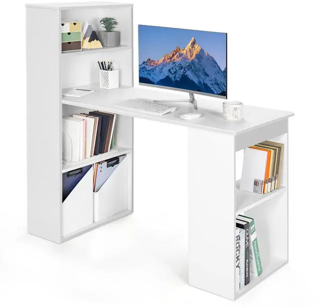 Main image of 48 Inch Computer Desk with Bookshelf, 3-in-1 Home Office Desk with 4-Tier Bookcase & CPU Stand, Space-Saving Reversible Writing Desk Work Table for Bedroom, Study Room, Office (White)