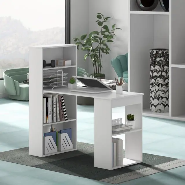 Alt view image 2 of 6 - 48 Inch Computer Desk with Bookshelf, 3-in-1 Home Office Desk with 4-Tier Bookcase & CPU Stand, Space-Saving Reversible Writing Desk Work Table for Bedroom, Study Room, Office (White)