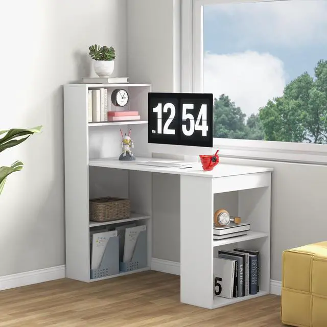 Alt view image 4 of 6 - 48 Inch Computer Desk with Bookshelf, 3-in-1 Home Office Desk with 4-Tier Bookcase & CPU Stand, Space-Saving Reversible Writing Desk Work Table for Bedroom, Study Room, Office (White)