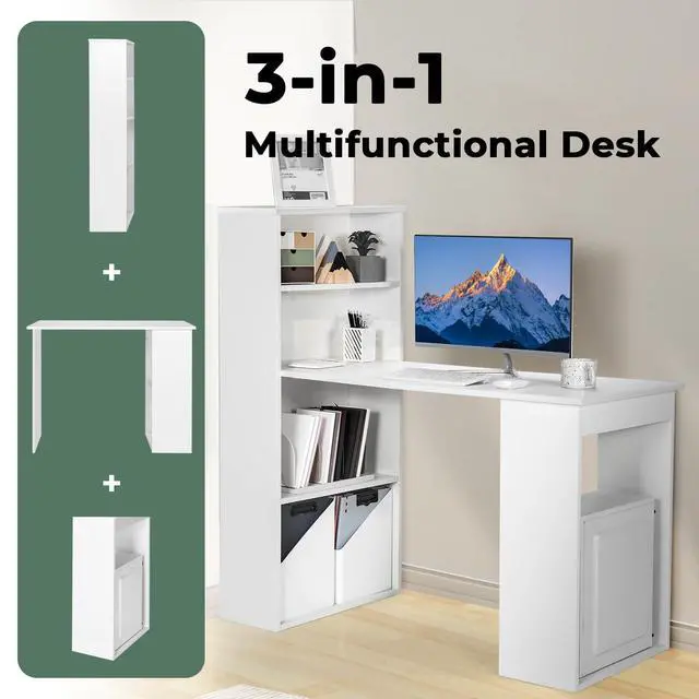 Alt view image 5 of 6 - 48 Inch Computer Desk with Bookshelf, 3-in-1 Home Office Desk with 4-Tier Bookcase & CPU Stand, Space-Saving Reversible Writing Desk Work Table for Bedroom, Study Room, Office (White)