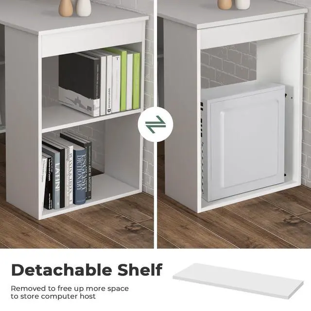Alt view image 6 of 6 - 48 Inch Computer Desk with Bookshelf, 3-in-1 Home Office Desk with 4-Tier Bookcase & CPU Stand, Space-Saving Reversible Writing Desk Work Table for Bedroom, Study Room, Office (White)