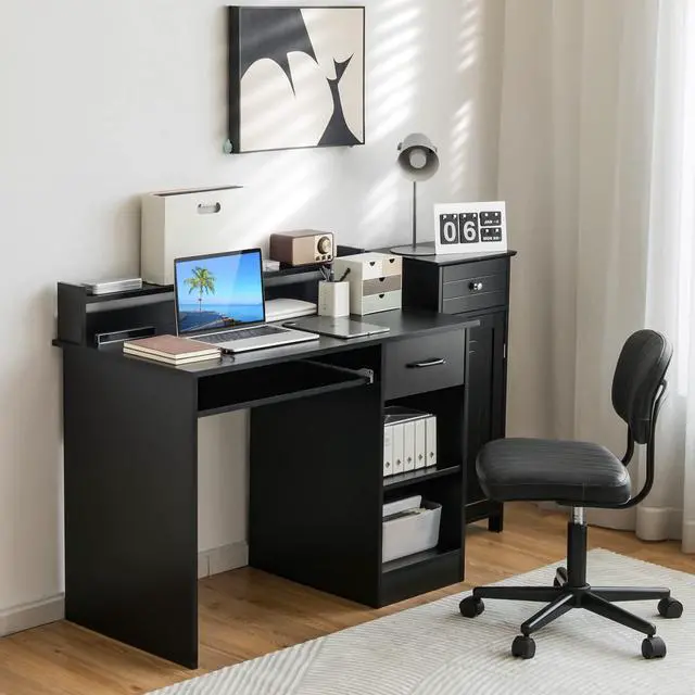 Alt view image 2 of 6 - Computer Desk with Drawer & Keyboard Tray, 22 Inch Wide Modern Study Writing Desk with Desktop Hutch & Storage Shelves, Home Office Desk for Kids, Wood PC Laptop Desk, Desk for Bedroom