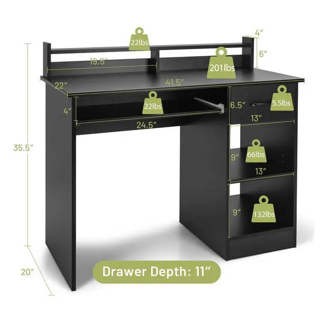 Alt view image 3 of 6 - Computer Desk with Drawer & Keyboard Tray, 22 Inch Wide Modern Study Writing Desk with Desktop Hutch & Storage Shelves, Home Office Desk for Kids, Wood PC Laptop Desk, Desk for Bedroom