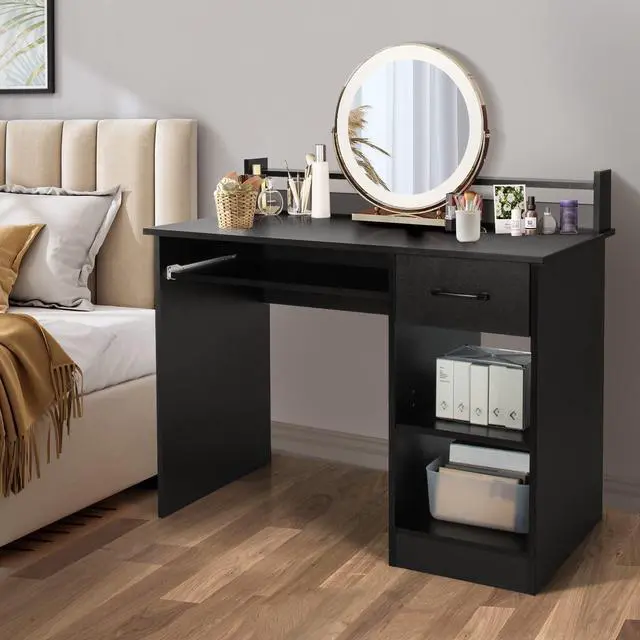 Alt view image 4 of 6 - Computer Desk with Drawer & Keyboard Tray, 22 Inch Wide Modern Study Writing Desk with Desktop Hutch & Storage Shelves, Home Office Desk for Kids, Wood PC Laptop Desk, Desk for Bedroom