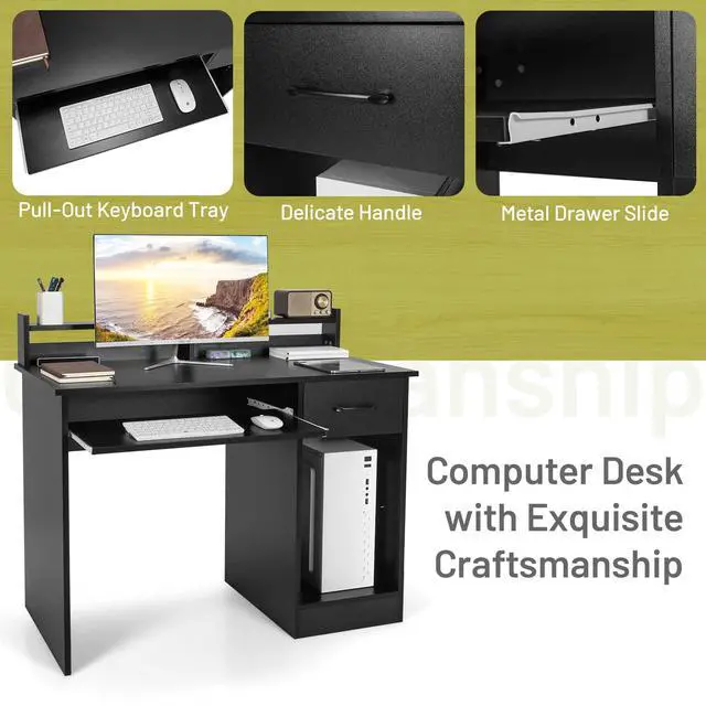 Alt view image 5 of 6 - Computer Desk with Drawer & Keyboard Tray, 22 Inch Wide Modern Study Writing Desk with Desktop Hutch & Storage Shelves, Home Office Desk for Kids, Wood PC Laptop Desk, Desk for Bedroom