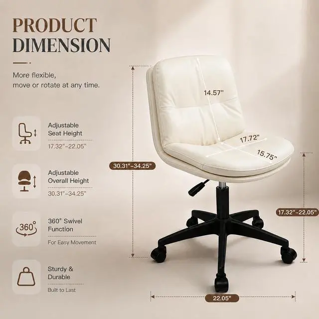 Alt view image 2 of 6 - Vanity Chair with Back, PU Leather Swivel Office Desk Chair, Height Adjustable Armless Chair for Small Spaces, Bedroom, Vanity, Home Office Beige