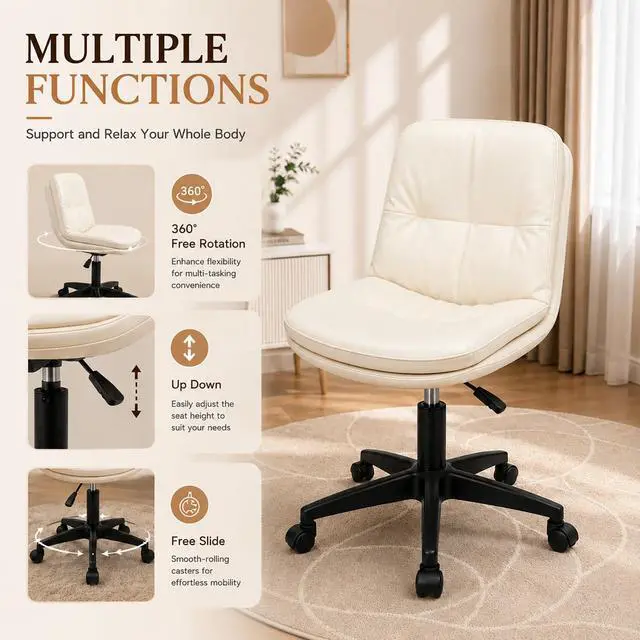 Alt view image 3 of 6 - Vanity Chair with Back, PU Leather Swivel Office Desk Chair, Height Adjustable Armless Chair for Small Spaces, Bedroom, Vanity, Home Office Beige
