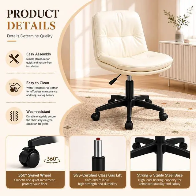 Alt view image 4 of 6 - Vanity Chair with Back, PU Leather Swivel Office Desk Chair, Height Adjustable Armless Chair for Small Spaces, Bedroom, Vanity, Home Office Beige