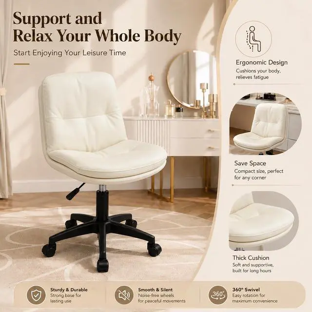 Alt view image 5 of 6 - Vanity Chair with Back, PU Leather Swivel Office Desk Chair, Height Adjustable Armless Chair for Small Spaces, Bedroom, Vanity, Home Office Beige