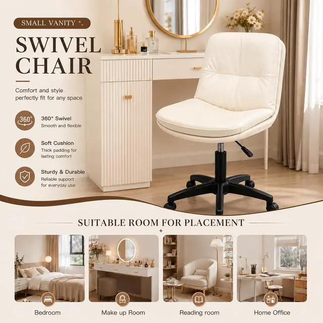 Alt view image 6 of 6 - Vanity Chair with Back, PU Leather Swivel Office Desk Chair, Height Adjustable Armless Chair for Small Spaces, Bedroom, Vanity, Home Office Beige