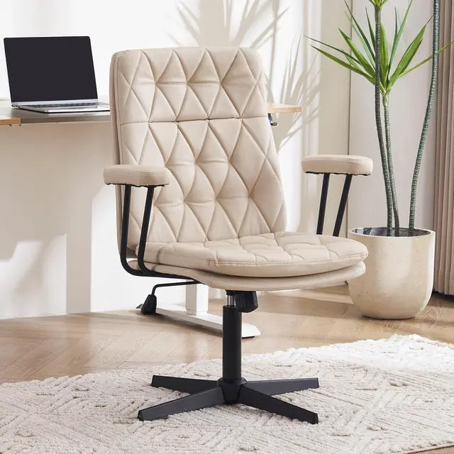 Main image of Desk Chair No Wheels with Arms Crossleg Stationary Ergonomic Soft Cushion Home Office Swivel Working Computer Chair Cream White