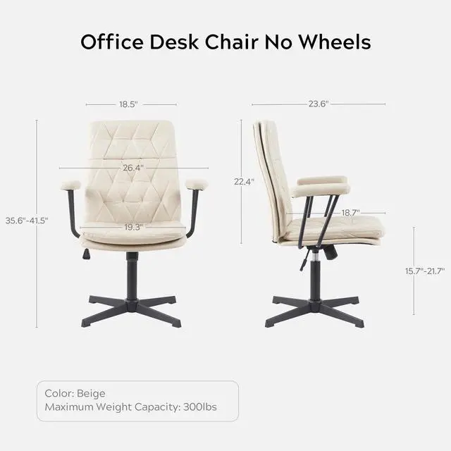 Alt view image 2 of 6 - Desk Chair No Wheels with Arms Crossleg Stationary Ergonomic Soft Cushion Home Office Swivel Working Computer Chair Cream White