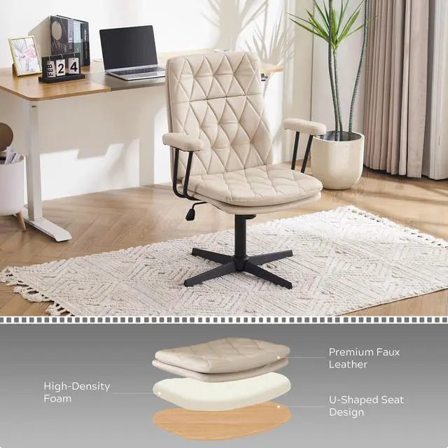 Alt view image 3 of 6 - Desk Chair No Wheels with Arms Crossleg Stationary Ergonomic Soft Cushion Home Office Swivel Working Computer Chair Cream White