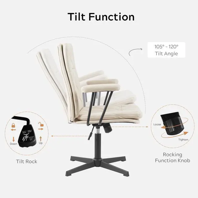 Alt view image 4 of 6 - Desk Chair No Wheels with Arms Crossleg Stationary Ergonomic Soft Cushion Home Office Swivel Working Computer Chair Cream White