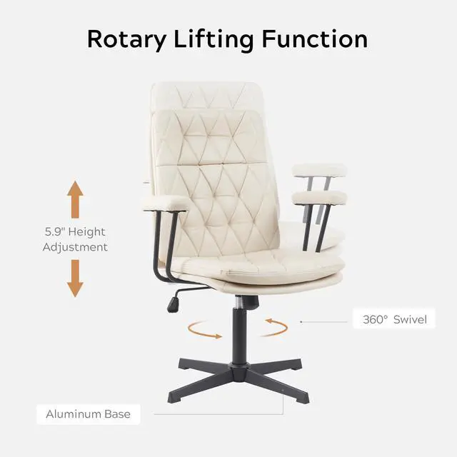Alt view image 5 of 6 - Desk Chair No Wheels with Arms Crossleg Stationary Ergonomic Soft Cushion Home Office Swivel Working Computer Chair Cream White