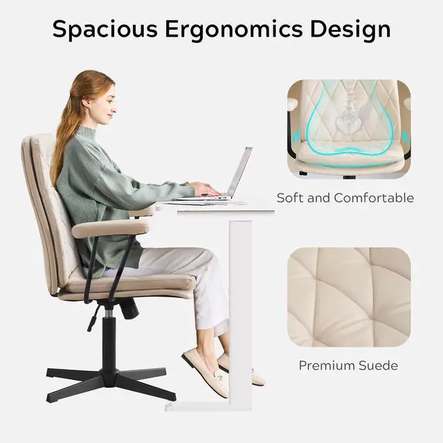 Alt view image 6 of 6 - Desk Chair No Wheels with Arms Crossleg Stationary Ergonomic Soft Cushion Home Office Swivel Working Computer Chair Cream White