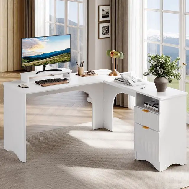 Main image of L Shaped Desk with File Drawer, 55.7" x 55" Office Computer Desk with Round Corners, Modern Desk with Monitor Stand & Fluted Panels for Home Office, White