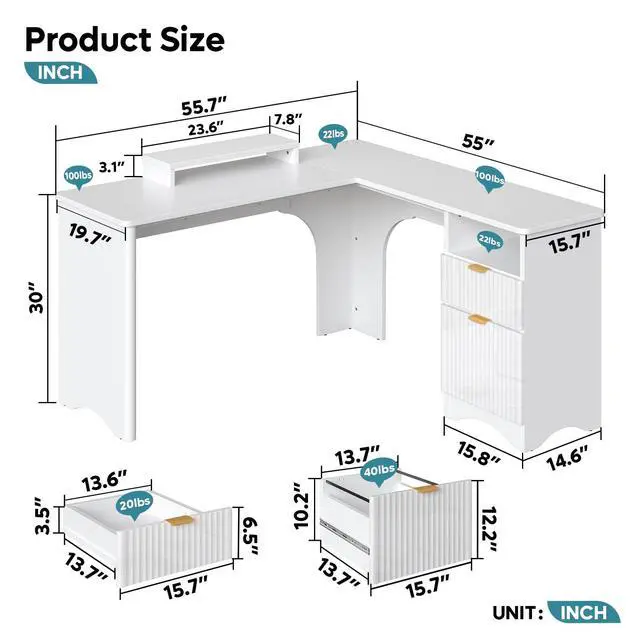 Alt view image 2 of 6 - L Shaped Desk with File Drawer, 55.7" x 55" Office Computer Desk with Round Corners, Modern Desk with Monitor Stand & Fluted Panels for Home Office, White