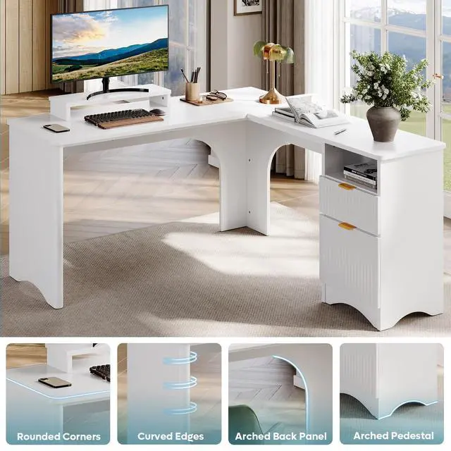 Alt view image 3 of 6 - L Shaped Desk with File Drawer, 55.7" x 55" Office Computer Desk with Round Corners, Modern Desk with Monitor Stand & Fluted Panels for Home Office, White