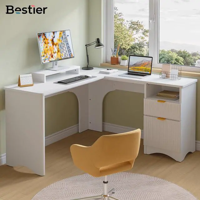 Alt view image 5 of 6 - L Shaped Desk with File Drawer, 55.7" x 55" Office Computer Desk with Round Corners, Modern Desk with Monitor Stand & Fluted Panels for Home Office, White