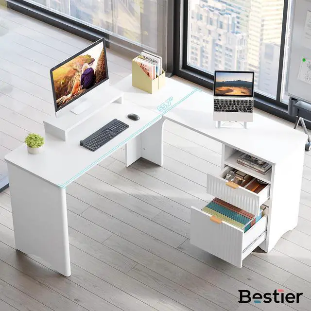Alt view image 6 of 6 - L Shaped Desk with File Drawer, 55.7" x 55" Office Computer Desk with Round Corners, Modern Desk with Monitor Stand & Fluted Panels for Home Office, White