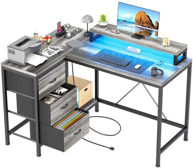 Main image of L Shaped Desk with Power Outlets & LED Lights, Computer Desk with Drawers & Shelves, Corner Desk Gaming Desk Home Office Desk, Oak