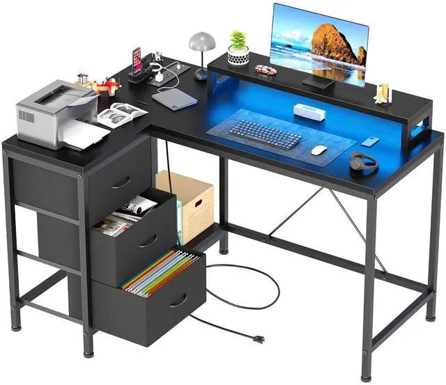 Main image of L Shaped Desk with Power Outlets & LED Lights, Computer Desk with Drawers & Shelves, Corner Desk Gaming Desk Home Office Desk, Black