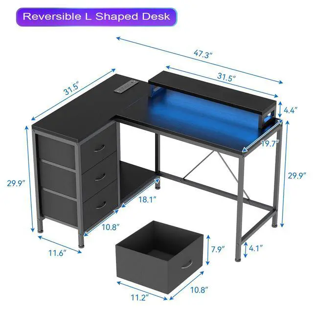 Alt view image 3 of 6 - L Shaped Desk with Power Outlets & LED Lights, Computer Desk with Drawers & Shelves, Corner Desk Gaming Desk Home Office Desk, Black