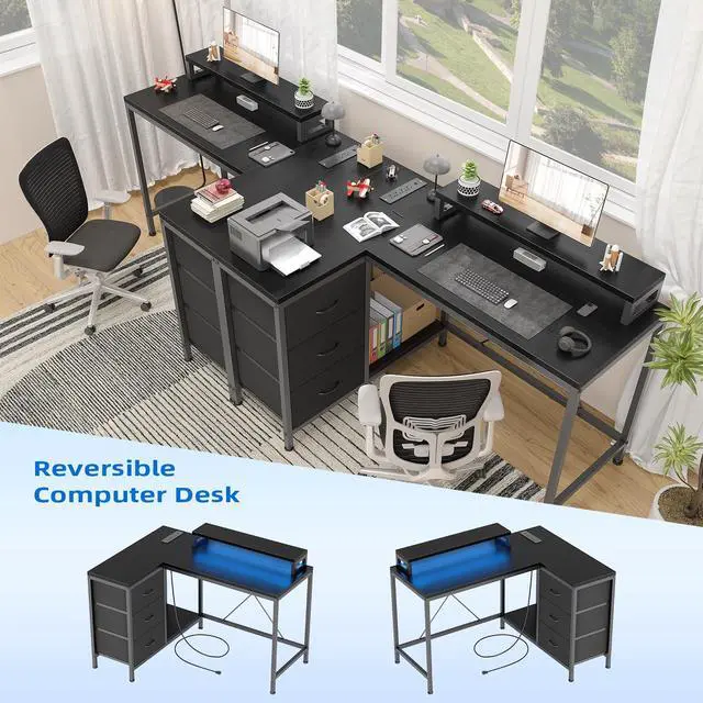 Alt view image 4 of 6 - L Shaped Desk with Power Outlets & LED Lights, Computer Desk with Drawers & Shelves, Corner Desk Gaming Desk Home Office Desk, Black