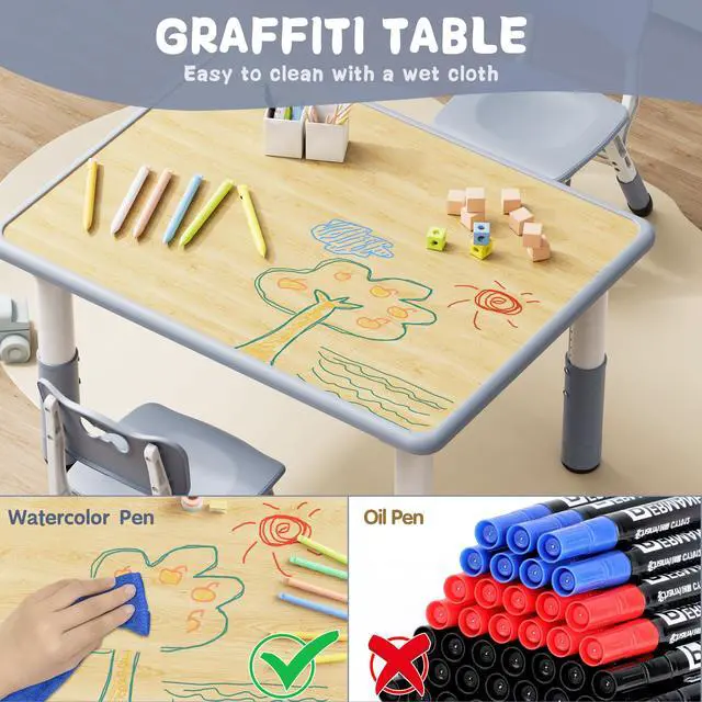 Alt view image 2 of 6 - Adjustable Toddler Table and Chair Set, 31.5" L x 23.6" W Grey | Table Supports 300 lbs, Drawing Activity Desk, Classroom/Daycare/Home, Children Multi-Activity Table for Ages 3-8