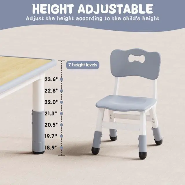 Alt view image 3 of 6 - Adjustable Toddler Table and Chair Set, 31.5" L x 23.6" W Grey | Table Supports 300 lbs, Drawing Activity Desk, Classroom/Daycare/Home, Children Multi-Activity Table for Ages 3-8
