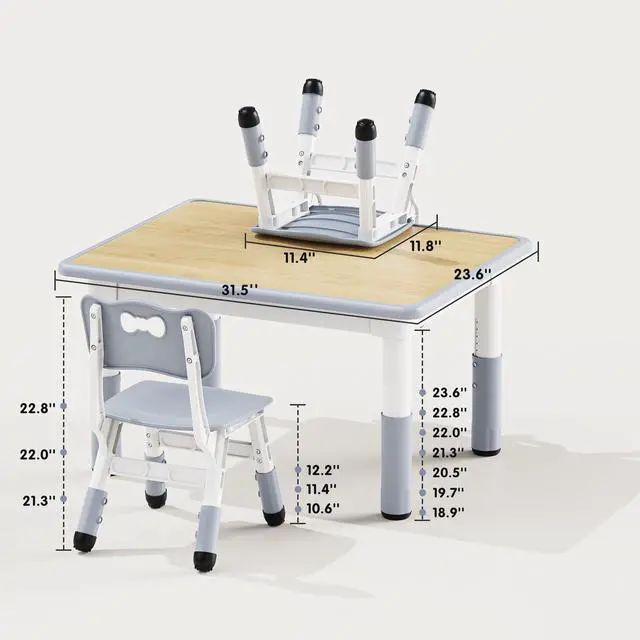 Alt view image 6 of 6 - Adjustable Toddler Table and Chair Set, 31.5" L x 23.6" W Grey | Table Supports 300 lbs, Drawing Activity Desk, Classroom/Daycare/Home, Children Multi-Activity Table for Ages 3-8