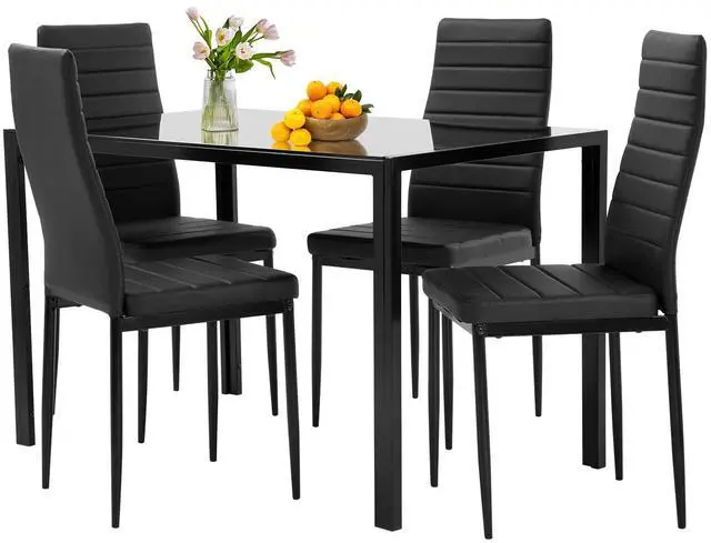 Main image of 5-Piece Dining Table Set | Black | Glass Kitchen Table with 4 Upholstered Chairs and Faux Leather Cushions | Space-Saving and Modern Design | for Dining Room, Easy to Assemble