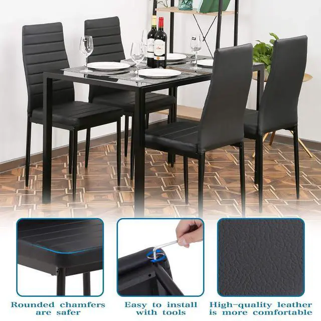 Alt view image 4 of 6 - 5-Piece Dining Table Set | Black | Glass Kitchen Table with 4 Upholstered Chairs and Faux Leather Cushions | Space-Saving and Modern Design | for Dining Room, Easy to Assemble