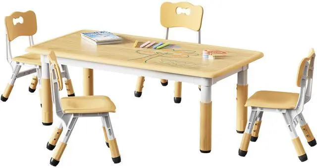 Main image of Height Adjustable Toddler Table and 4 Chairs Set, Beige | Table Supports 300 lbs, Graffiti Desktop, Non-Slip Legs, Classroom/Daycare/Home, Children Multi-Activity Table for Ages 3-8