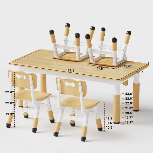 Alt view image 2 of 6 - Height Adjustable Toddler Table and 4 Chairs Set, Beige | Table Supports 300 lbs, Graffiti Desktop, Non-Slip Legs, Classroom/Daycare/Home, Children Multi-Activity Table for Ages 3-8