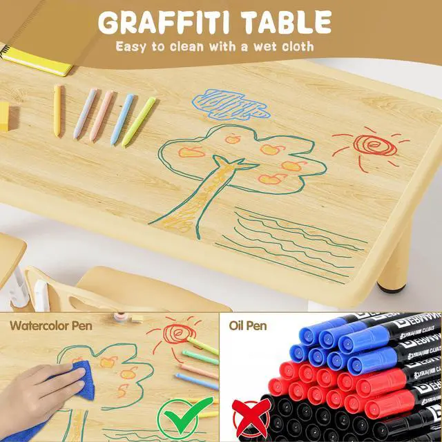 Alt view image 4 of 6 - Height Adjustable Toddler Table and 4 Chairs Set, Beige | Table Supports 300 lbs, Graffiti Desktop, Non-Slip Legs, Classroom/Daycare/Home, Children Multi-Activity Table for Ages 3-8