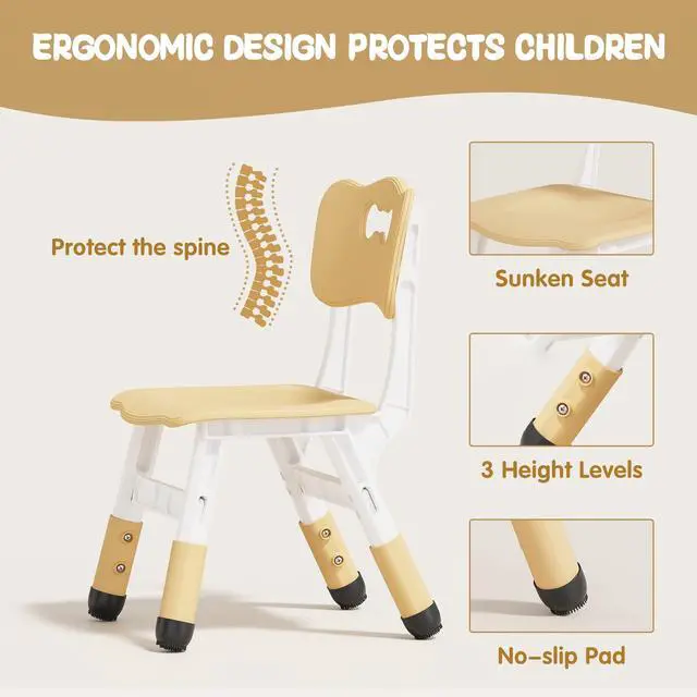 Alt view image 5 of 6 - Height Adjustable Toddler Table and 4 Chairs Set, Beige | Table Supports 300 lbs, Graffiti Desktop, Non-Slip Legs, Classroom/Daycare/Home, Children Multi-Activity Table for Ages 3-8