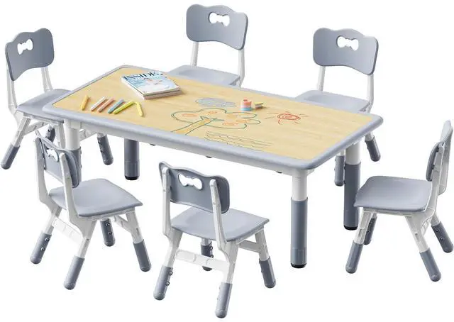Main image of Height Adjustable Toddler Table and 6 Chairs Set, Grey | Table Supports 300 lbs, Non-Toxic HDPE, Graffiti Desktop, Classroom/Daycare/Home, Children Multi-Activity Table for Ages 3-8