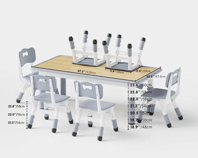 Alt view image 2 of 6 - Height Adjustable Toddler Table and 6 Chairs Set, Grey | Table Supports 300 lbs, Non-Toxic HDPE, Graffiti Desktop, Classroom/Daycare/Home, Children Multi-Activity Table for Ages 3-8