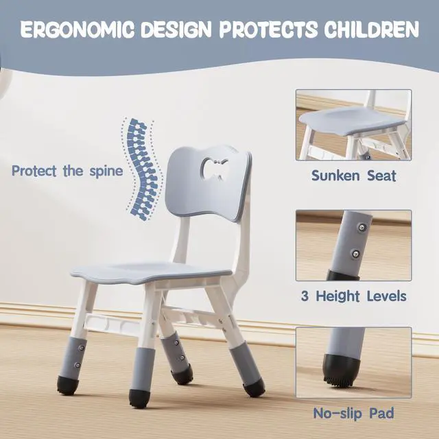 Alt view image 5 of 6 - Height Adjustable Toddler Table and 6 Chairs Set, Grey | Table Supports 300 lbs, Non-Toxic HDPE, Graffiti Desktop, Classroom/Daycare/Home, Children Multi-Activity Table for Ages 3-8