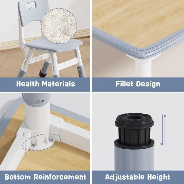 Alt view image 6 of 6 - Height Adjustable Toddler Table and 6 Chairs Set, Grey | Table Supports 300 lbs, Non-Toxic HDPE, Graffiti Desktop, Classroom/Daycare/Home, Children Multi-Activity Table for Ages 3-8