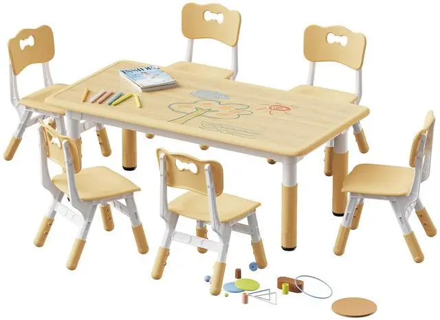 Main image of Height Adjustable Toddler Table and 6 Chairs Set, Beige | Table Supports 300 lbs, Non-Toxic HDPE, Graffiti Desktop, Classroom/Daycare/Home, Children Multi-Activity Table for Ages 3-8