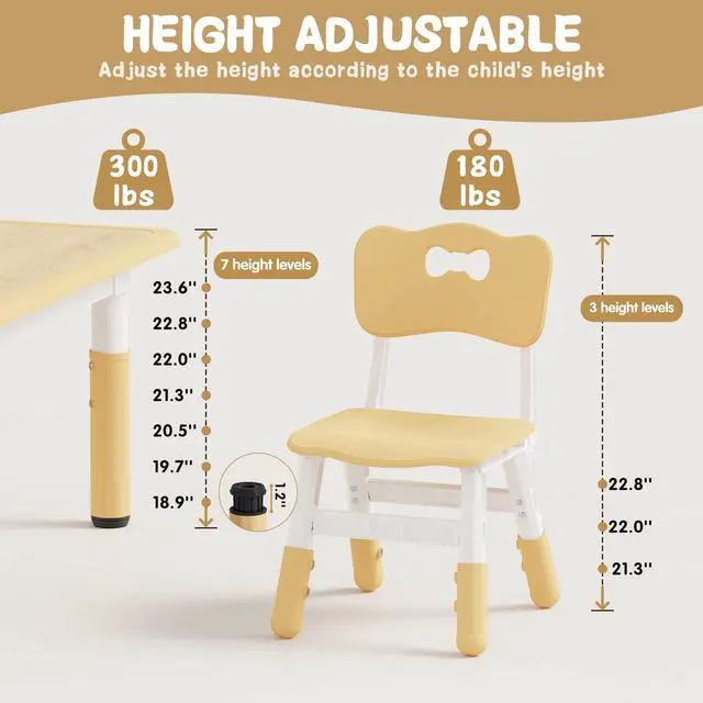 Alt view image 2 of 6 - Height Adjustable Toddler Table and 6 Chairs Set, Beige | Table Supports 300 lbs, Non-Toxic HDPE, Graffiti Desktop, Classroom/Daycare/Home, Children Multi-Activity Table for Ages 3-8