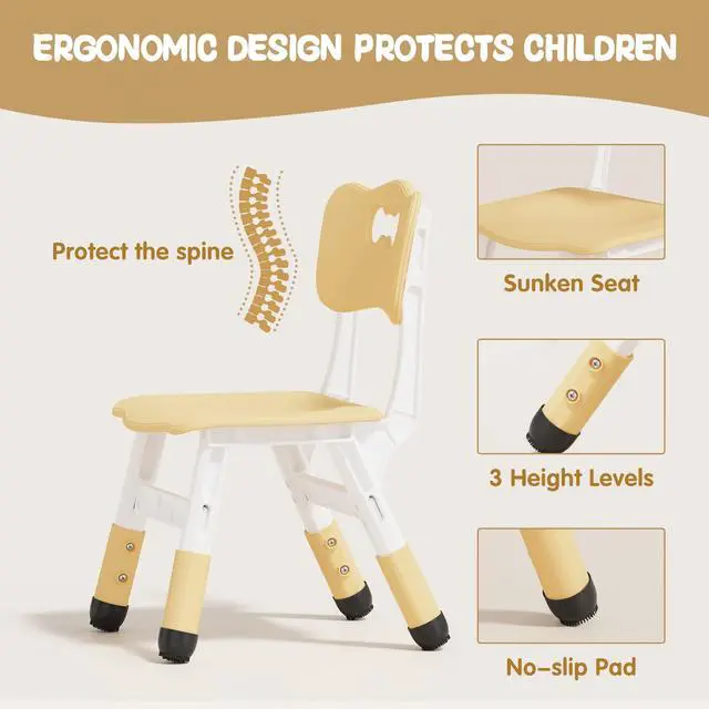 Alt view image 4 of 6 - Height Adjustable Toddler Table and 6 Chairs Set, Beige | Table Supports 300 lbs, Non-Toxic HDPE, Graffiti Desktop, Classroom/Daycare/Home, Children Multi-Activity Table for Ages 3-8