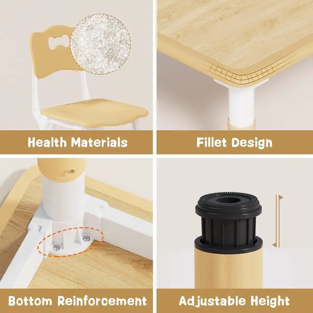Alt view image 5 of 6 - Height Adjustable Toddler Table and 6 Chairs Set, Beige | Table Supports 300 lbs, Non-Toxic HDPE, Graffiti Desktop, Classroom/Daycare/Home, Children Multi-Activity Table for Ages 3-8