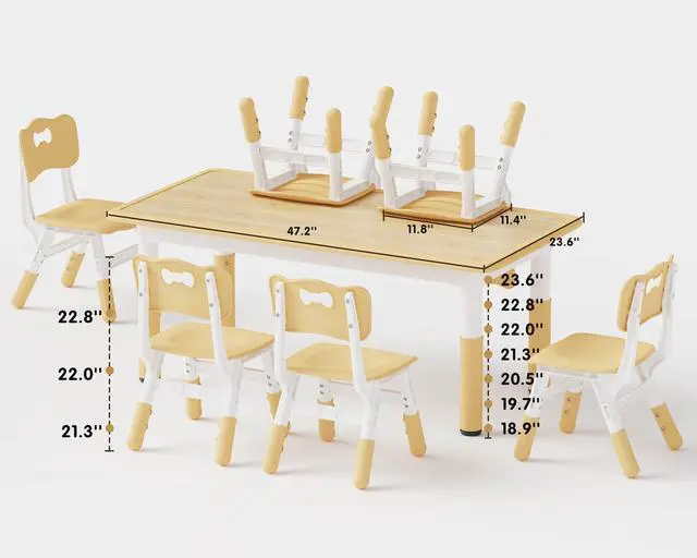 Alt view image 6 of 6 - Height Adjustable Toddler Table and 6 Chairs Set, Beige | Table Supports 300 lbs, Non-Toxic HDPE, Graffiti Desktop, Classroom/Daycare/Home, Children Multi-Activity Table for Ages 3-8