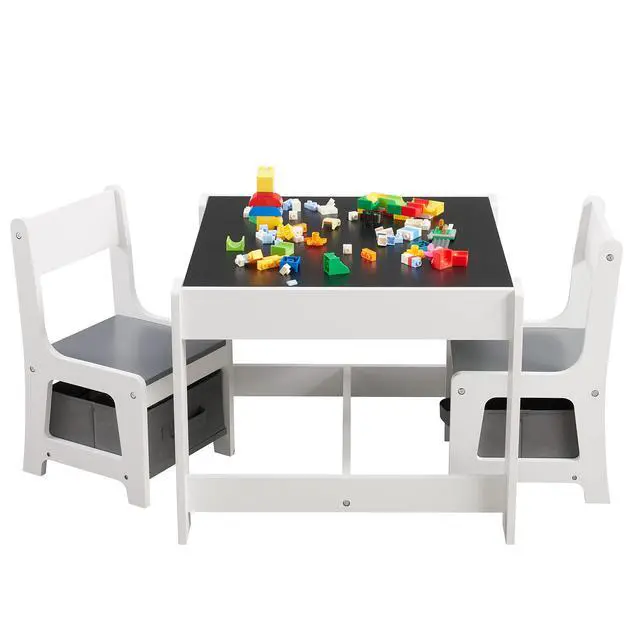 Alt view image 2 of 6 - Kids Table and Chair Set, 3 in 1 Wooden Activity Table with Storage Drawer for Toddlers Drawing, Reading, Crafts, 2 in 1 Detachable Tabletop Table Set for Nursery, Playroom (Gray)