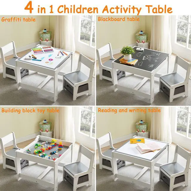 Alt view image 3 of 6 - Kids Table and Chair Set, 3 in 1 Wooden Activity Table with Storage Drawer for Toddlers Drawing, Reading, Crafts, 2 in 1 Detachable Tabletop Table Set for Nursery, Playroom (Gray)